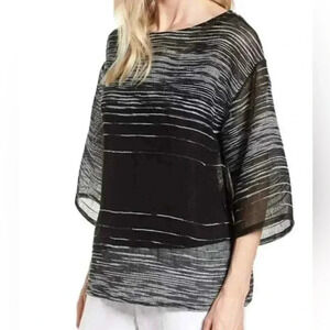Eileen Fisher Half-Sleeve Illusion Mesh Top in Black - Size SMALL /PETITE NWOT